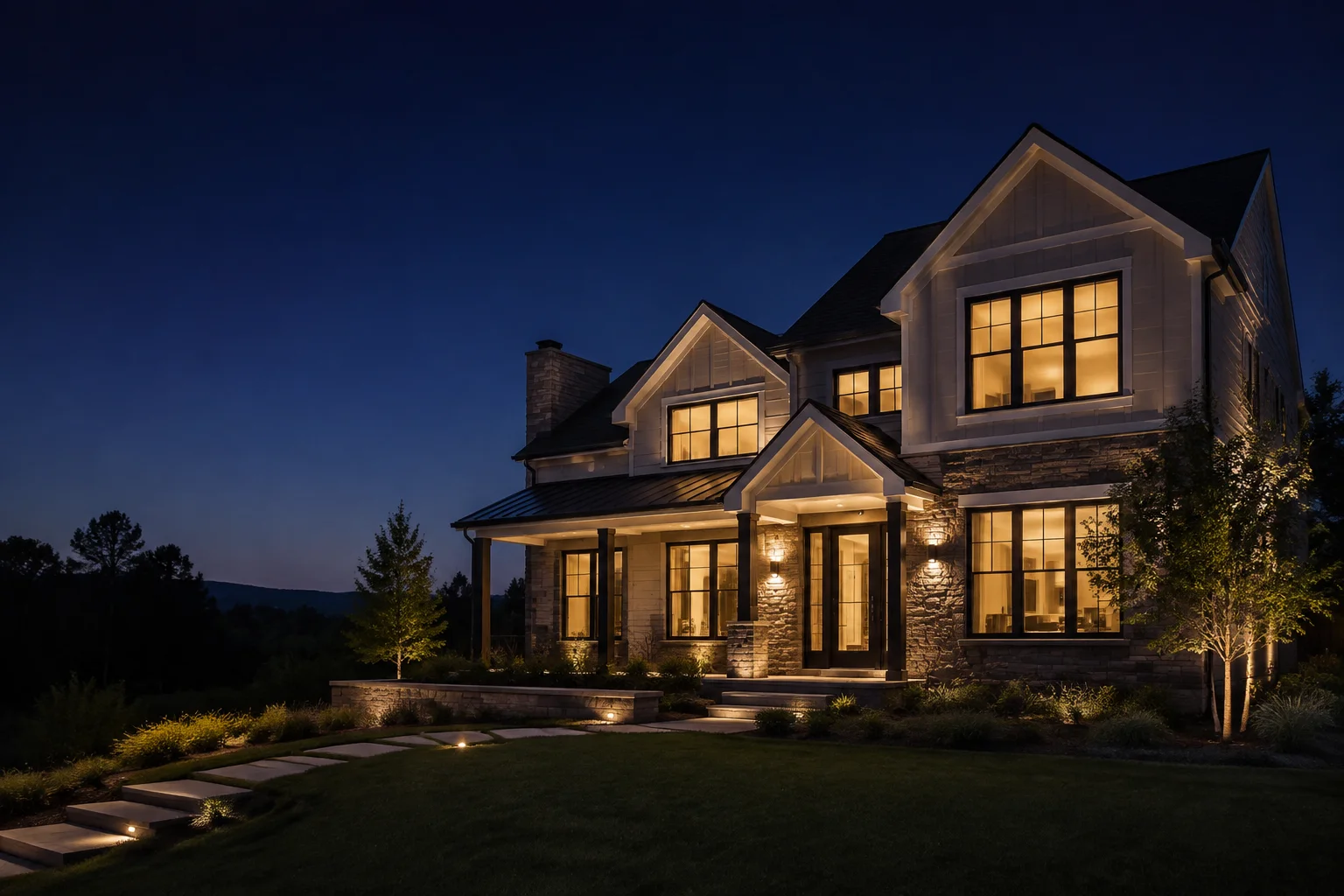 A warmly lit home at dusk